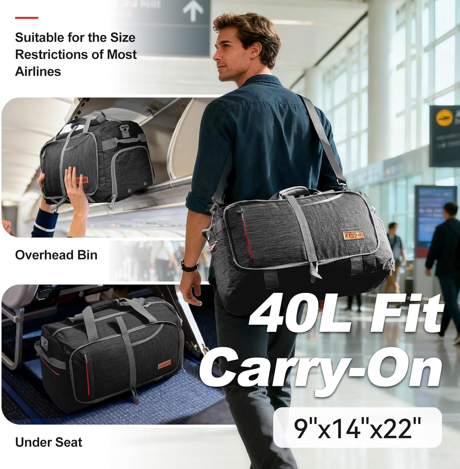Canway 40L Foldable Duffle Bag for Travel Men & Women Carry On 22"x14"x9" Airline Approved, Small Luggage Overnight Bag with Shoe Compartment, Water-Resistant Gym & Sports Bag - Image 2