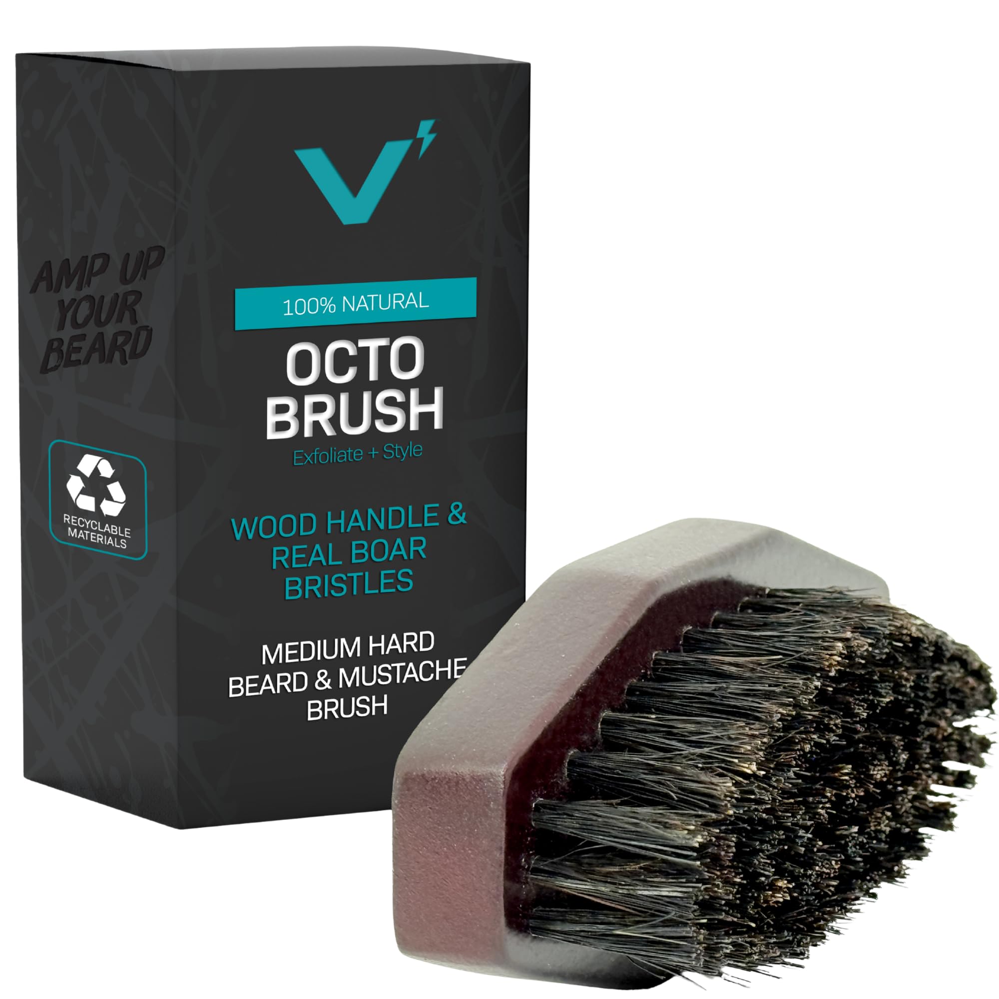 VOLT Grooming Octo Beard Brush for Men, 100% Natural Boar Bristle Brush with Wooden Handle, Medium Hardness, Detangles, Softens & Styles for Beard Care, Compact Travel Size, Short to Medium Beards