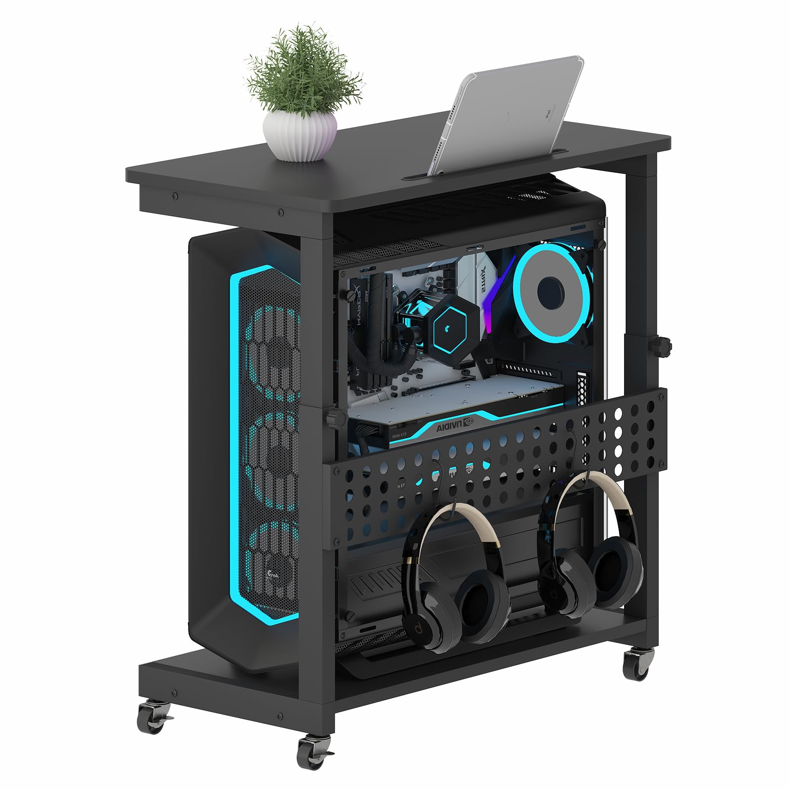 Höhenverstellbarer Computer Tower Ständer, PC Ständer mit Rollen & Schlitz & Haken, 2 Schicht Computer Stand, PC Rollwagen, Druckerständer, CPU Stand für Heimbüro, Schreibtisch, Computertisch, Schwarz
