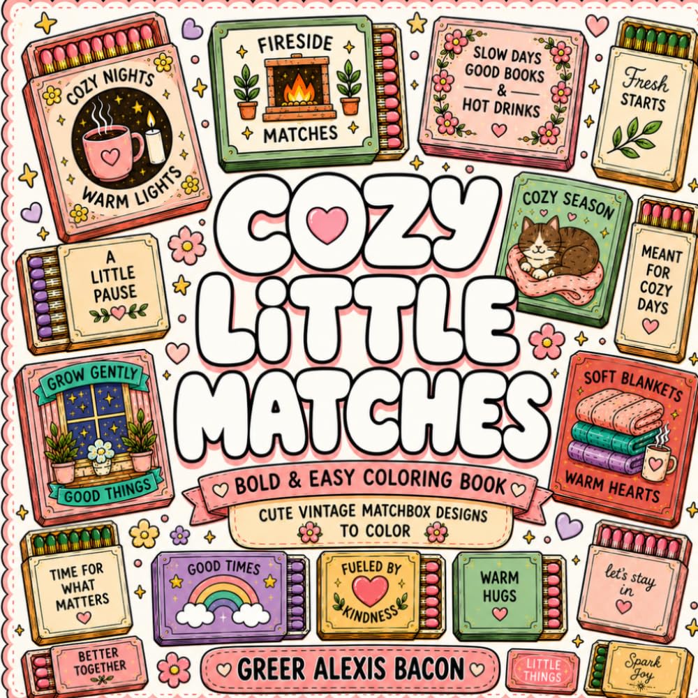 Cozy Little Matches: Bold & Easy Coloring Book with Cute Vintage Matchbox Designs for Adults and Teens Featuring Cozy, Relaxing, and Retro-Inspired Pages to Color