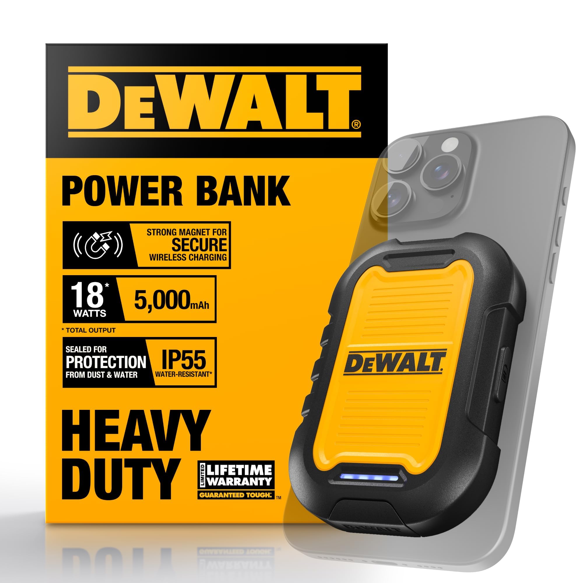 DEWALT Power Bank Magnético de Uso Intensivo 5.000 mAh, Batería Externa Inalámbrica Rugerizada con Carga Rápida 18W, USB-C a C con Adaptador USB, Compatible con MagSafe iPhone.
