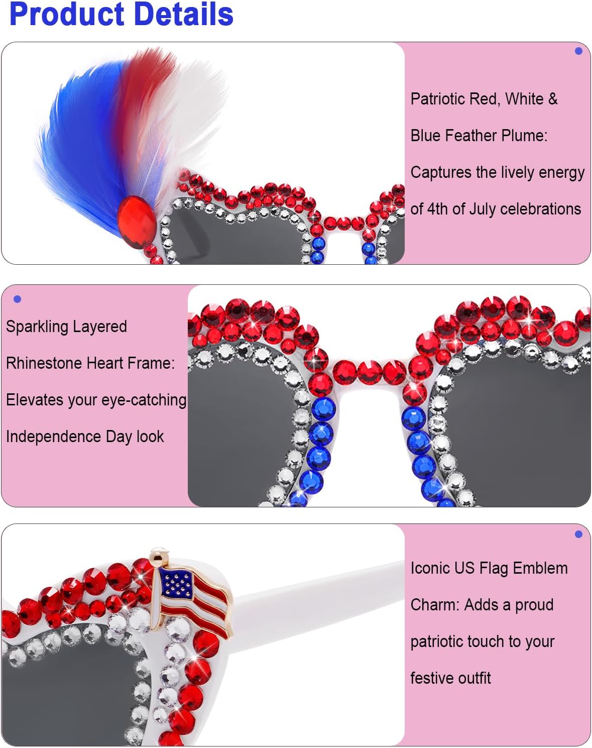 4th of July Patriotic Sunglasses for Women Men USA Flag Rhinestone Heart Shades for Independence Day, Memorial Day