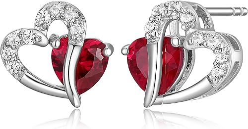 Tienda Collection Pendientes de plata de ley con piedras preciosas creadas y zafiro blanco con doble corazón