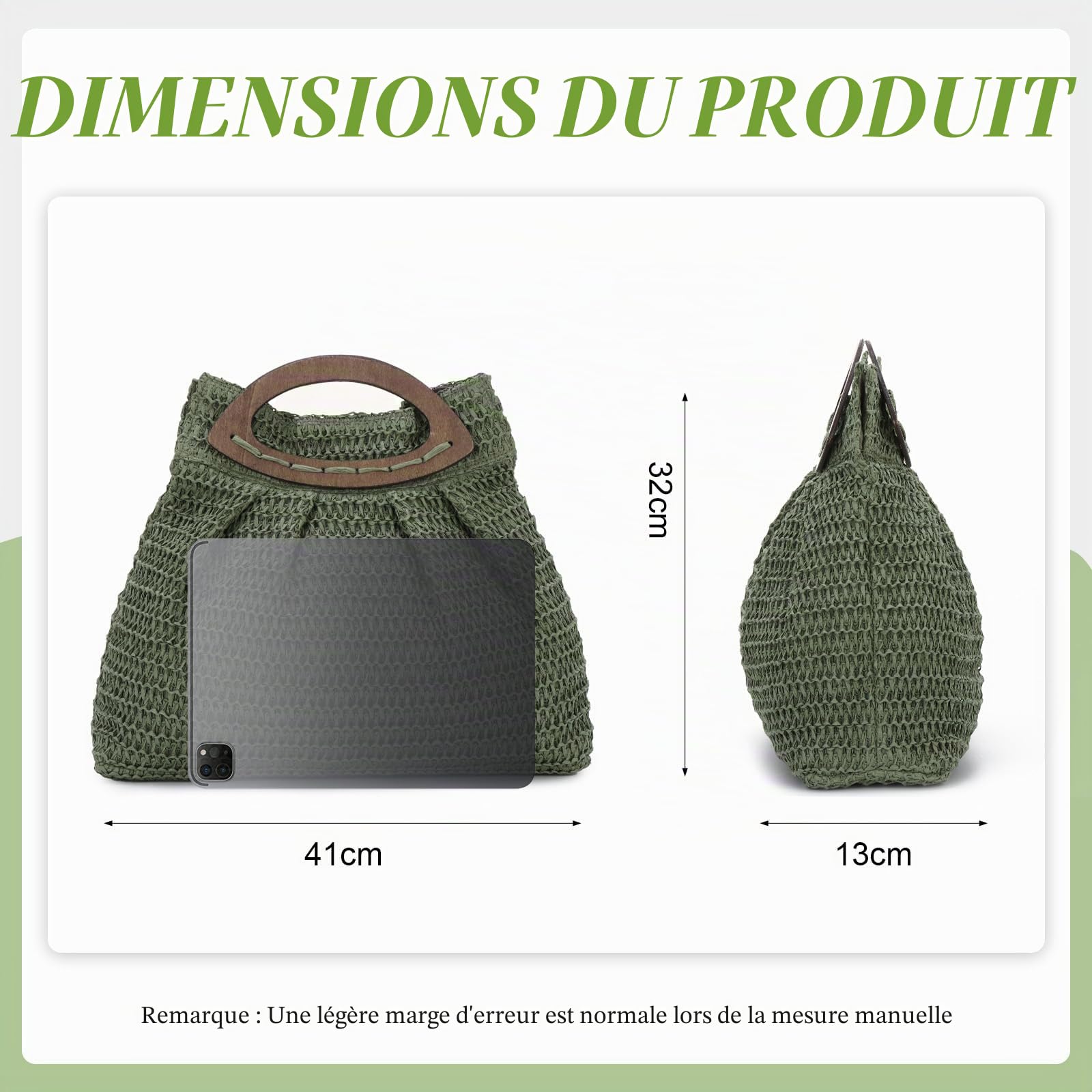 Sac à main en Paille pour Femmes - Sac Fourre-tout de Plage d’été Tissé Sac à main en Paille de Voyage avec Poignée en bois pour les Vacances de Fête