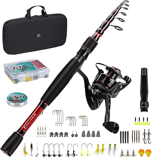 Calamus T1 Combo telescópico de caña de pescar y carrete, juego de equipo de pesca listo para usar con línea de pesca, kits de señuelos y accesorios