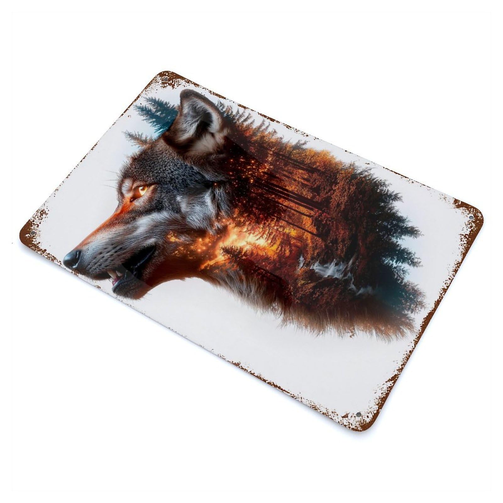Rust Effect Wolf Forest Dream Rusty Metal Tin Sign 11.8"x7.9", Old School Wall Decor for Basement, Hobby Room And Garage Decor