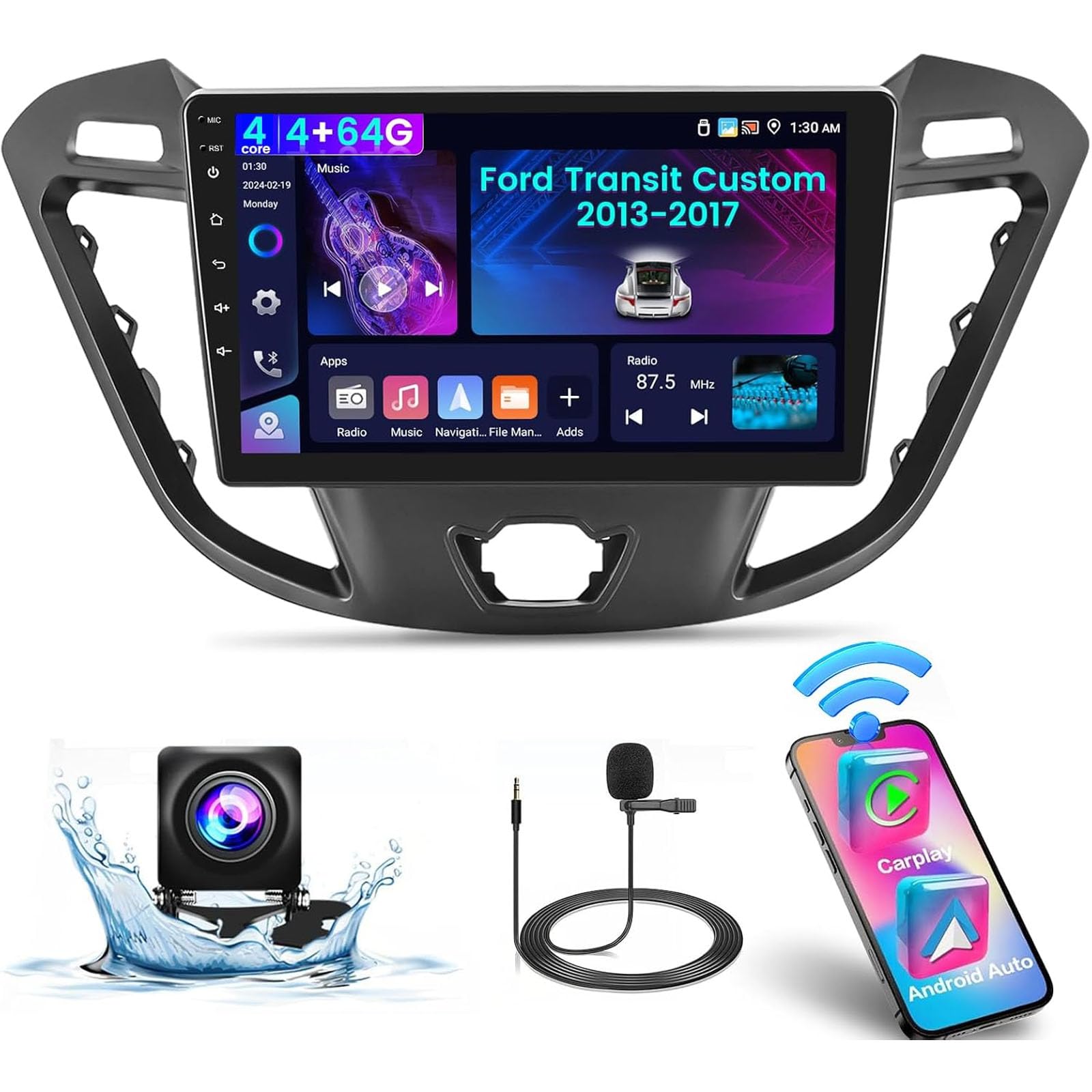 Radio de 4 + 64G para Ford Transit Custom 2013-2017 - Android 13 Carplay inalámbrico y Android Auto - Pantalla táctil de 9 Pulgadas con DSP WiFi GPS + Cámara de visión Trasera AHD y micrófono