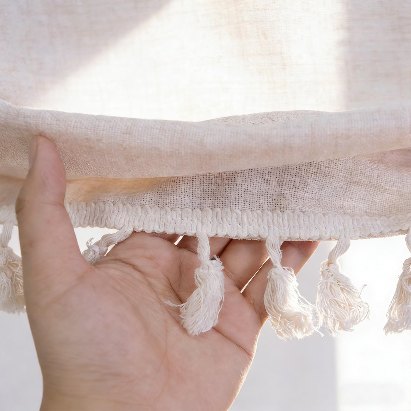 Boho Tassel Floral Lace Tie Up Curtains Rustic Farmhouse Balloon Shades Beige Valance Light Filtering Adjustable Rod Pocket for Small Window Kitchen Bathroom W42 X L63 Inches 1 Panel