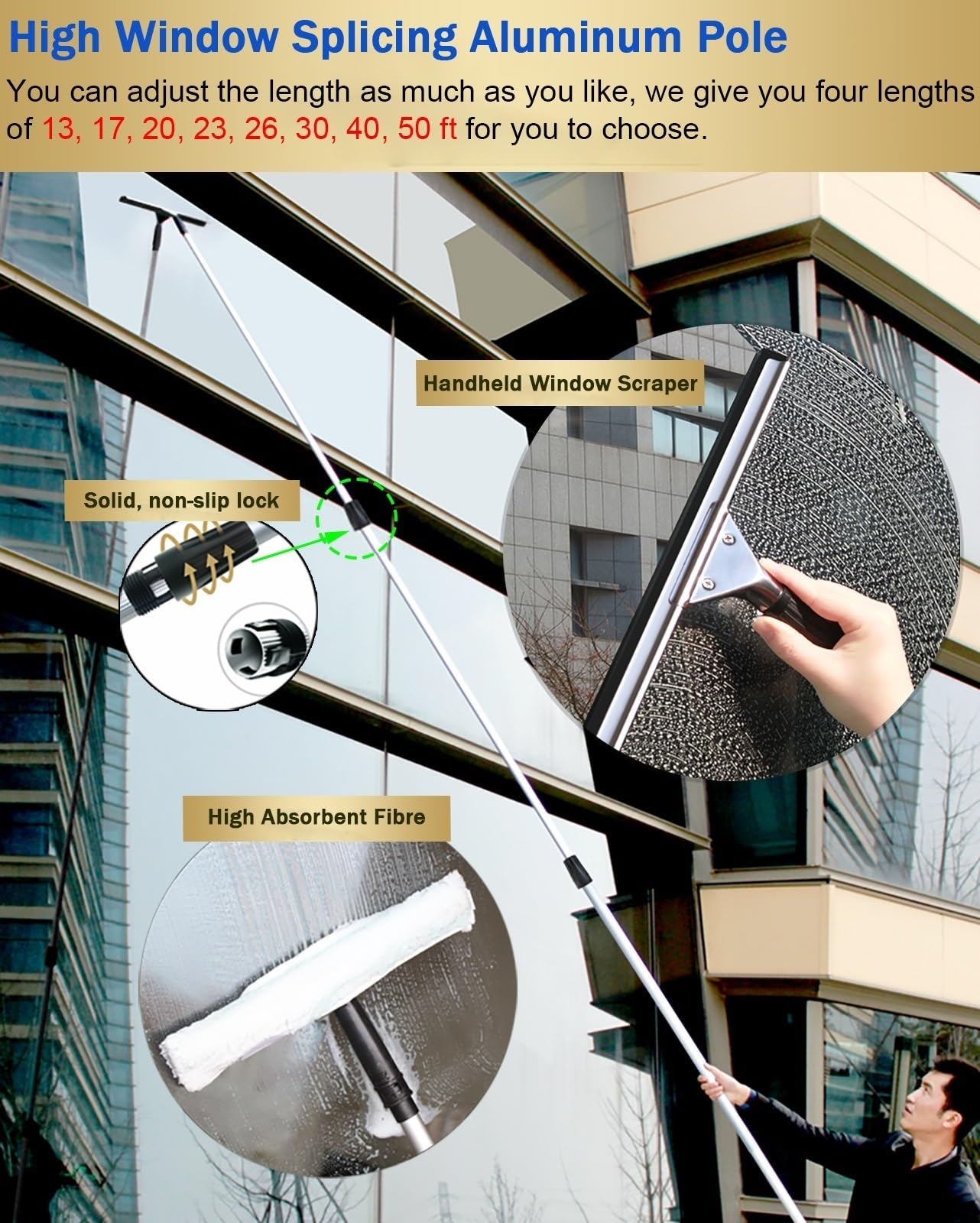 Limpiador Limpieza Vidrios Limpiador de vidrios para Ventanas Altas de Tercer Piso con Poste telescópico de Aluminio, Equipo de Lavado de Ventanas para Exteriores de Oficina de Sala(6M/19.7ft)