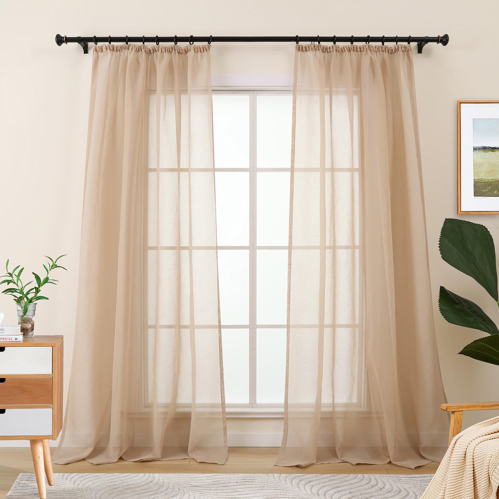 L.Z.E Cortinas Beige para salón, Cortinas Transparentes con Cinta fruncidora para Sistema de rieles, Cortina para Dormitorio, Juego de 2 Cortinas con Aspecto de Lino, Modernas, 245 cm de Largo OEKO-TEX STANDARD 100