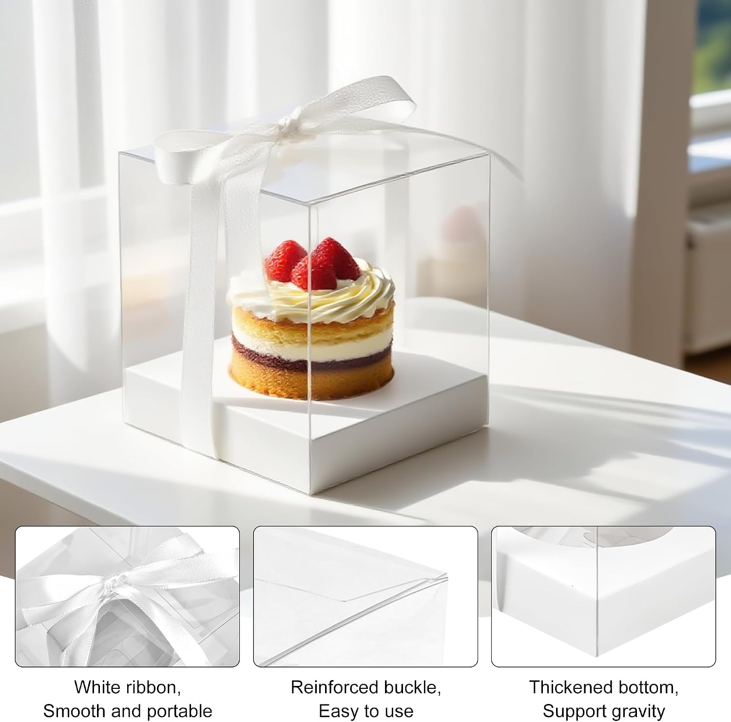 60 Pcs 3.5 Inch Clear Cupcake Boxes Single, Clear Cupcake Boxes with Ribbon and Inserts, Individual Plastic Cupcakes Containers for Cake Bakery, Party Present (White)