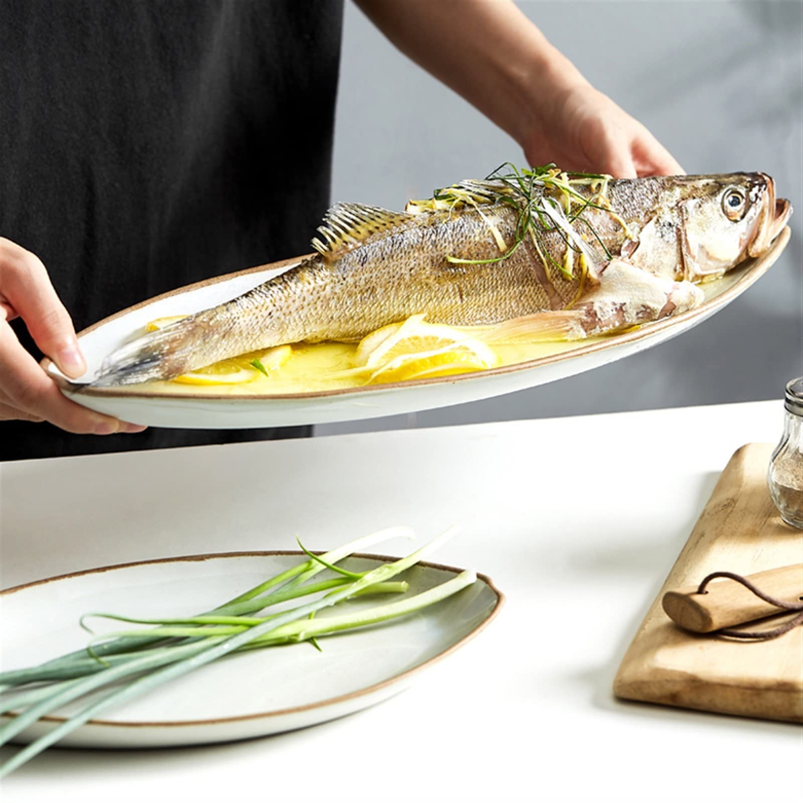 SUNESA Serviceteller Rechteckiger Keramik -Teller Home Retro Porzellan großer gedämpfter Fischteller 16,3 Zoll Oval Steinzeug Teller Mikrowellen -Geschirrspüler sicher Platten (Size : A)