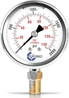 CARBOUSA 2000 PSI Glycerin Filled Stainless Steel Pressure Gauge, 2.5" Dual PSI/kPa Display, 1/4" NPT Brass Lower Mount for Hydraulics, HVAC, Air Compressors