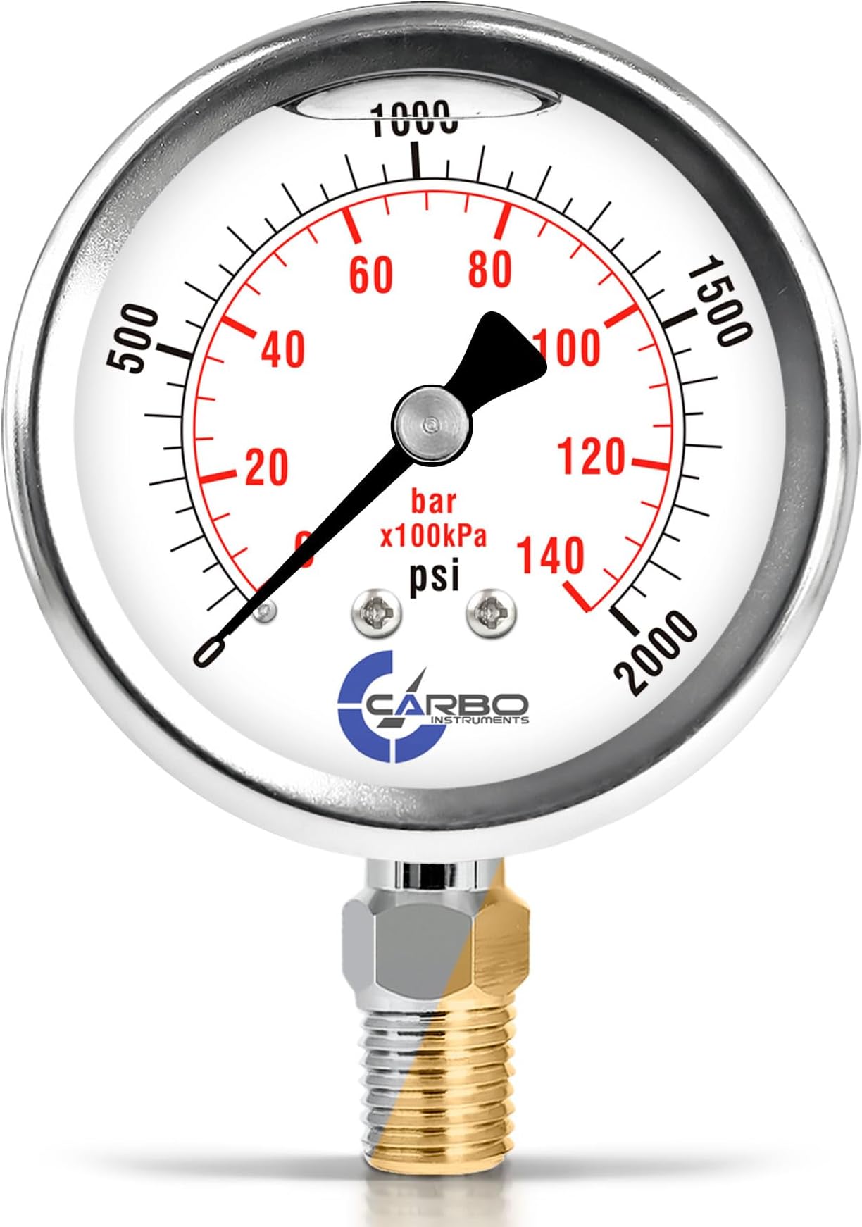 2000 PSI Glycerin Liquid Filled Pressure Gauge, 2.5" Dial, 1/4 NPT Lower Mount, 304 Stainless Steel Case, Brass Wetted Parts, Dual Scale PSI/Bar - ASME B40.1 Grade A