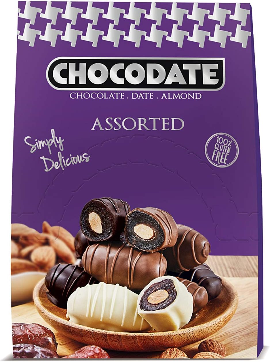 Chocodate Assorted | Exquisite Bite Sized Delicacy | Handmade Treat - Rich Silky Chocolate - Velvety Arabian Date - Golden Roasted Almond - Perfect Snacking - 33gms