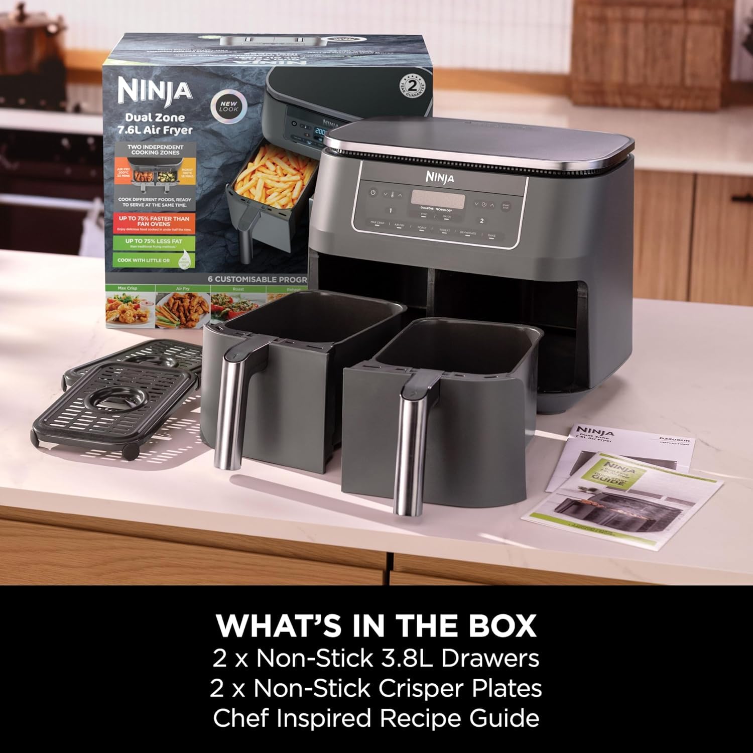 Ninja Friggitrice ad aria digitale a doppia zona, 2 cassetti, 7,6 l, 6 in 1, non utilizza olio, friggere ad aria, massima croccante, arrostire, cuocere, riscaldare, disidratare, antiaderente, lavabile