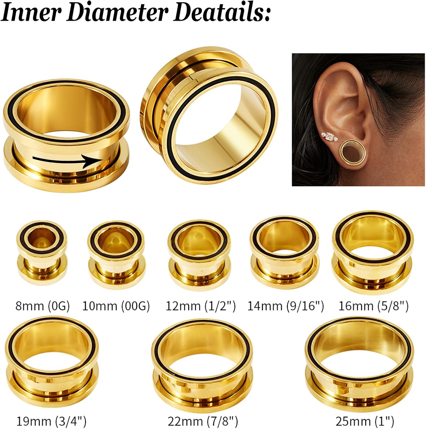 Aienid 2 Pcs Ear Gauges Stainless Steel 8mm-25mm Ear Expanders for Stretched Flesh Tunnels Body Piercing Jewelry for Men Women