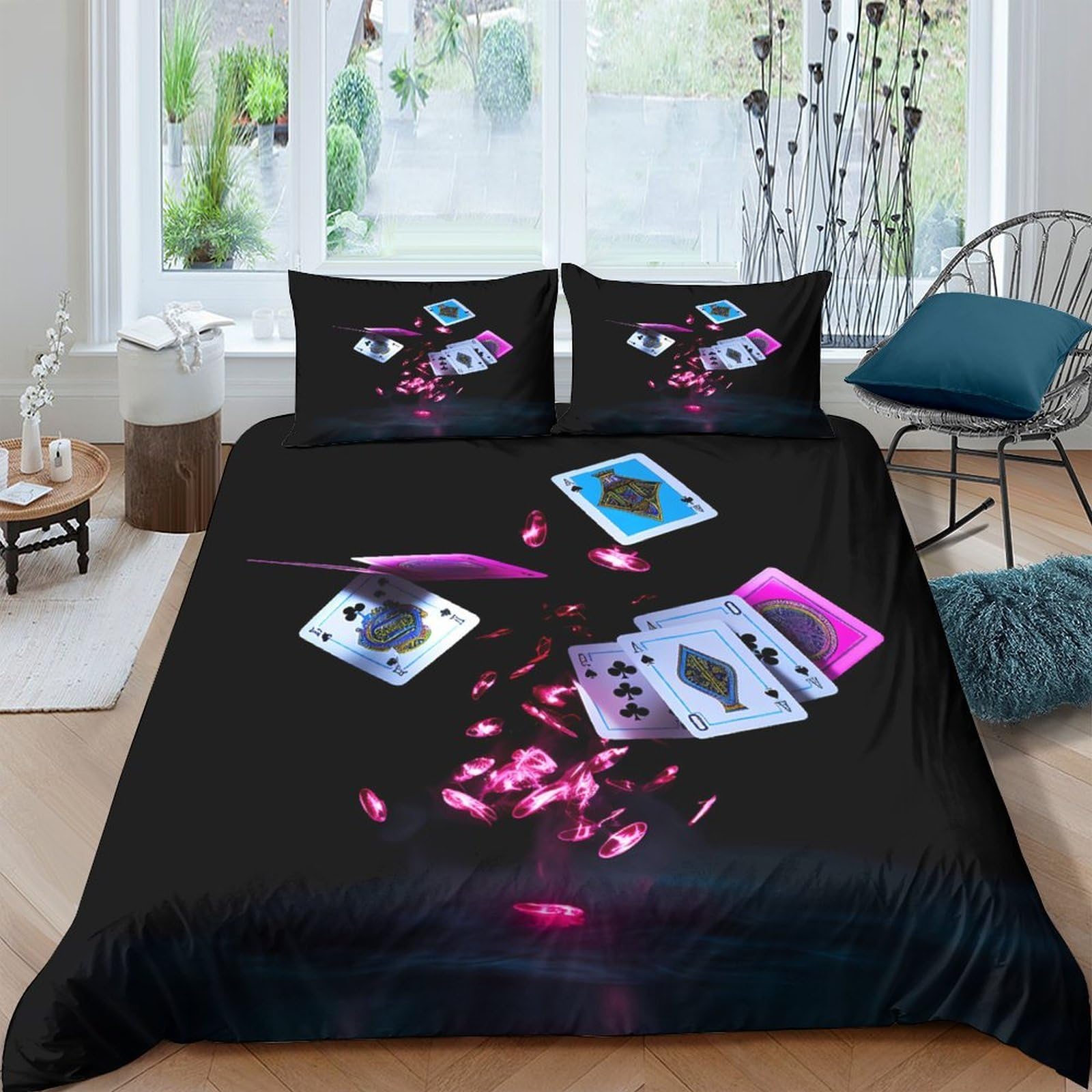 Ctjqhvkz Style-8 3D Printed Playing Cards Fitted Sheet Microfiber Soft Black Neon Poker Bed Cover Anti-Slip Machine Washable For Bedroom Guest Room Decor Single（135X200cm）