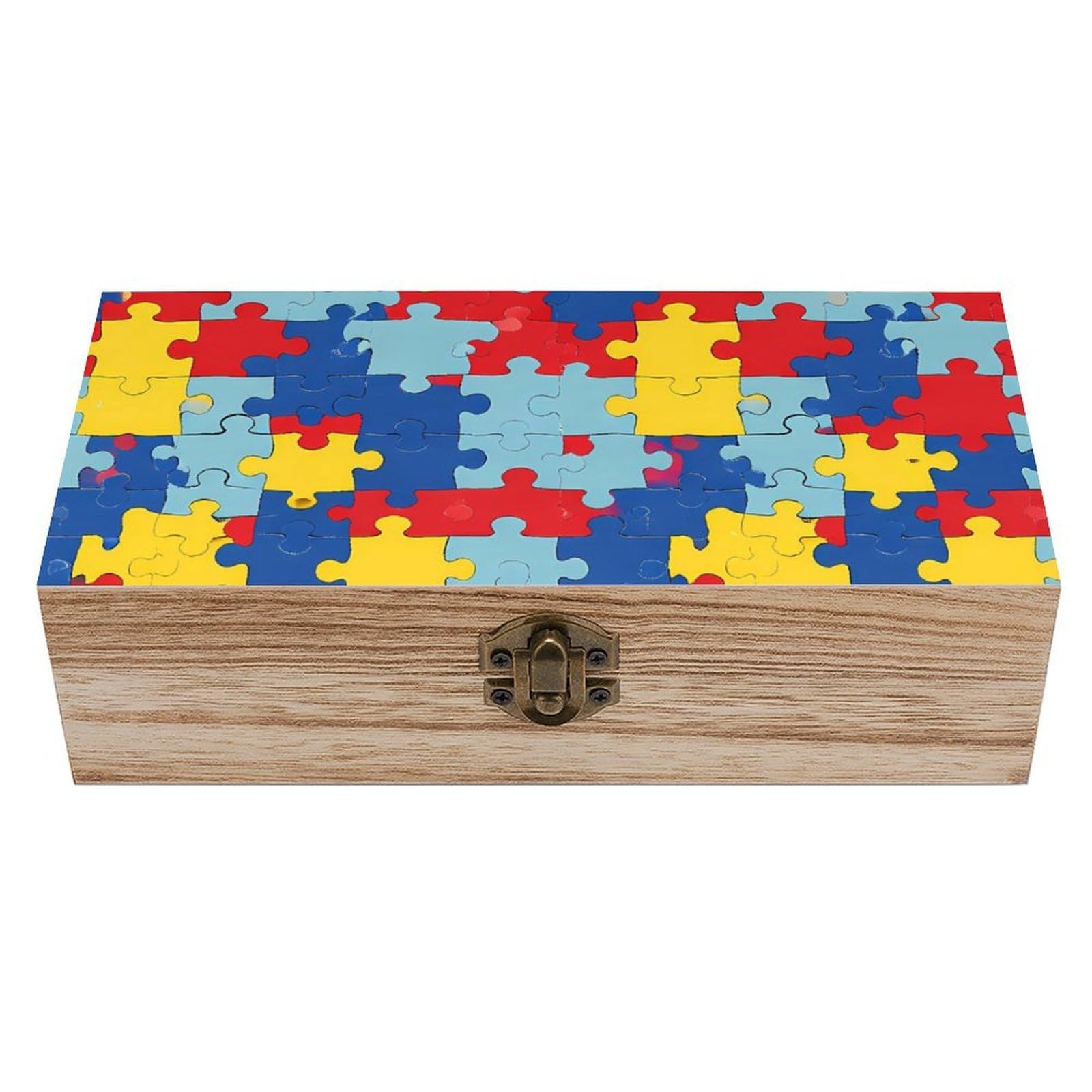 HLBSDM Autism Awareness Puzzle Wooden Storage Box