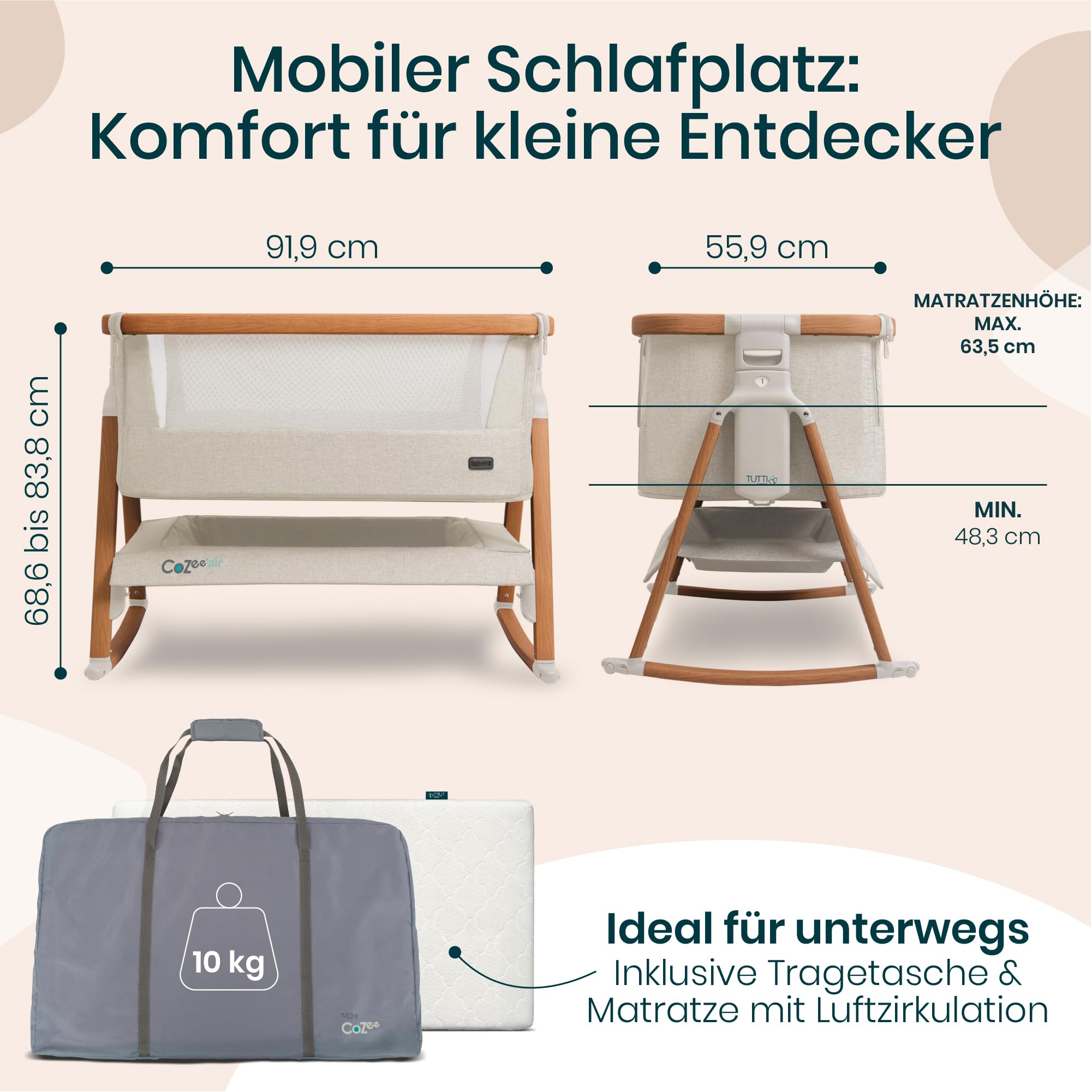 Tutti Bambini CoZee Air Beistellbett Baby Reisebett mit Matratze Kompakt faltbar Atmungsaktive Matratze 6-fache Höhenverstellung 0-6 Monate Walnuss Naturweiß