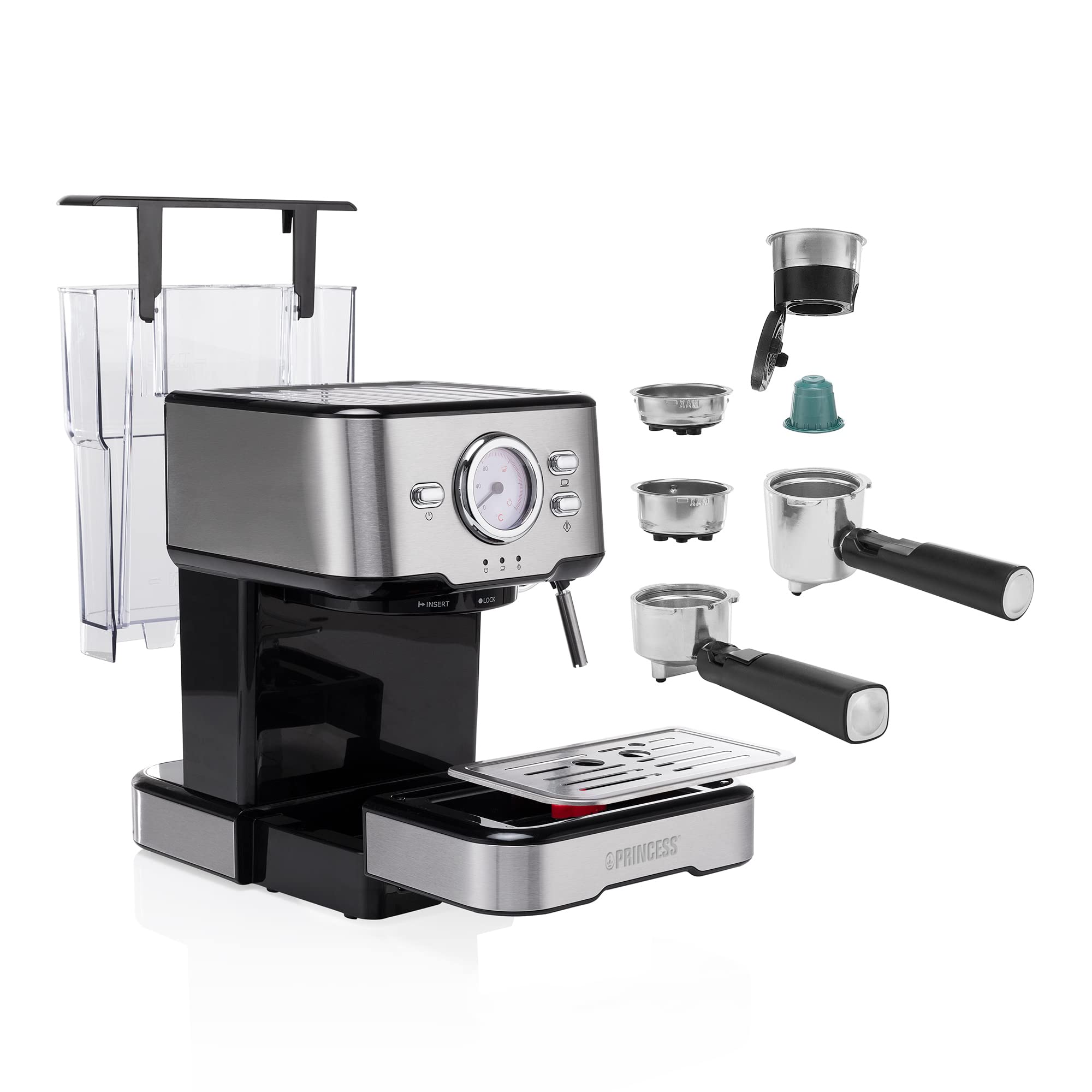 Princess 249412 Máquina de café para Espresso, Compatible con cápsulas Nespresso y café molido, 1 o 2 tazas, 20 bares de presión, Depósito extraíble de 1.5L, con espumador de leche, 1100 W
