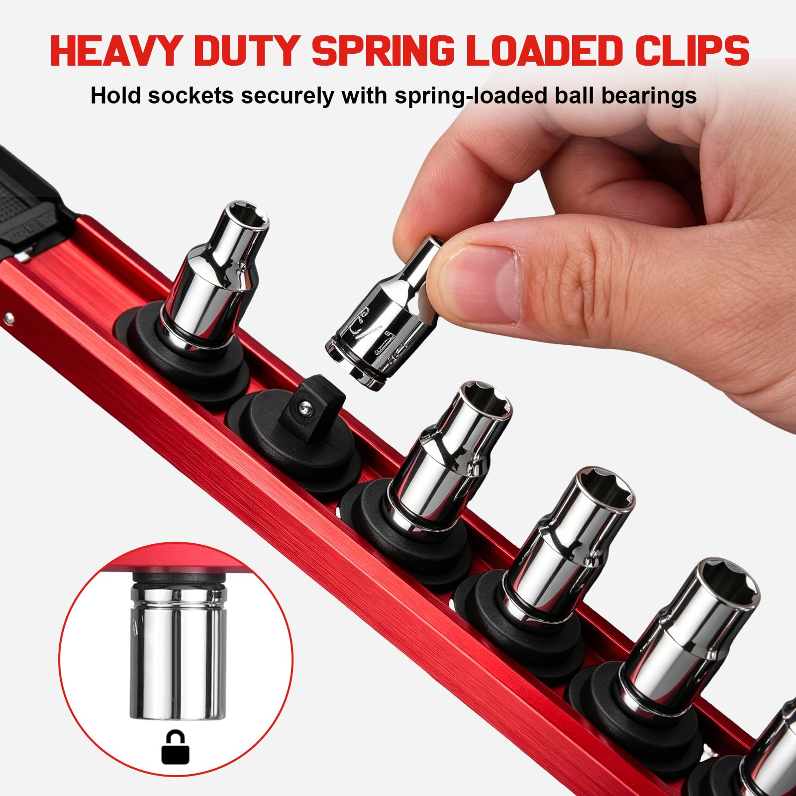 organizer magnetico in alluminio per bussole – Guide da 1/4", 3/8", 1/2" con clip removibili girevoli a 360° (9) | Alluminio, 360° clip girevoli, organizer per cassetta attrezzi, per 120 bussole, per chiave a cricchetto, portalame magnetico