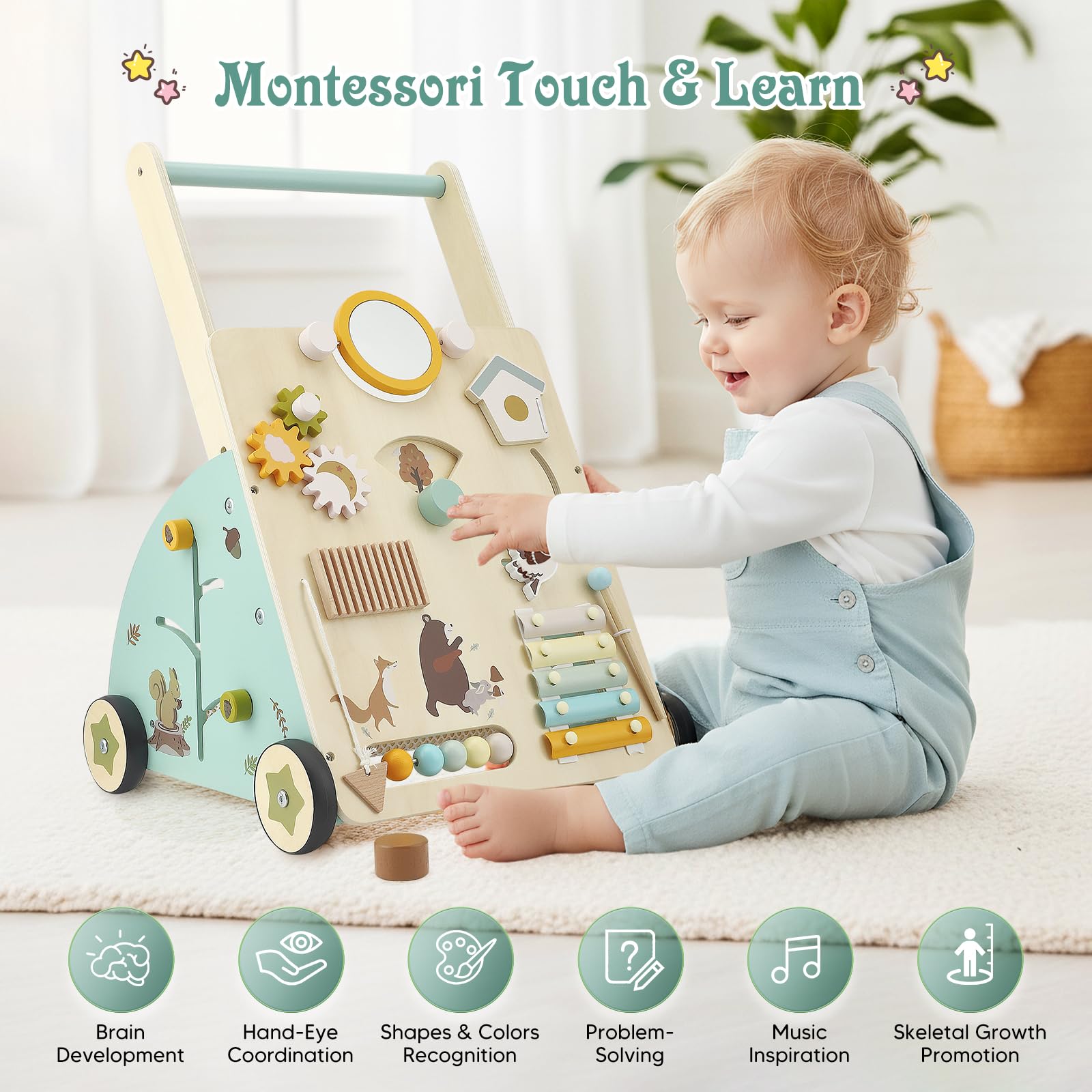 Carrello Primi Passi in Legno per Bambini,10 in 1 Baby Activity Center Push Walker regolabile, Girello Montessori con Centro Attività,da 10 mesi a 1-2 anni,Baby Walker Regali di Compleanno