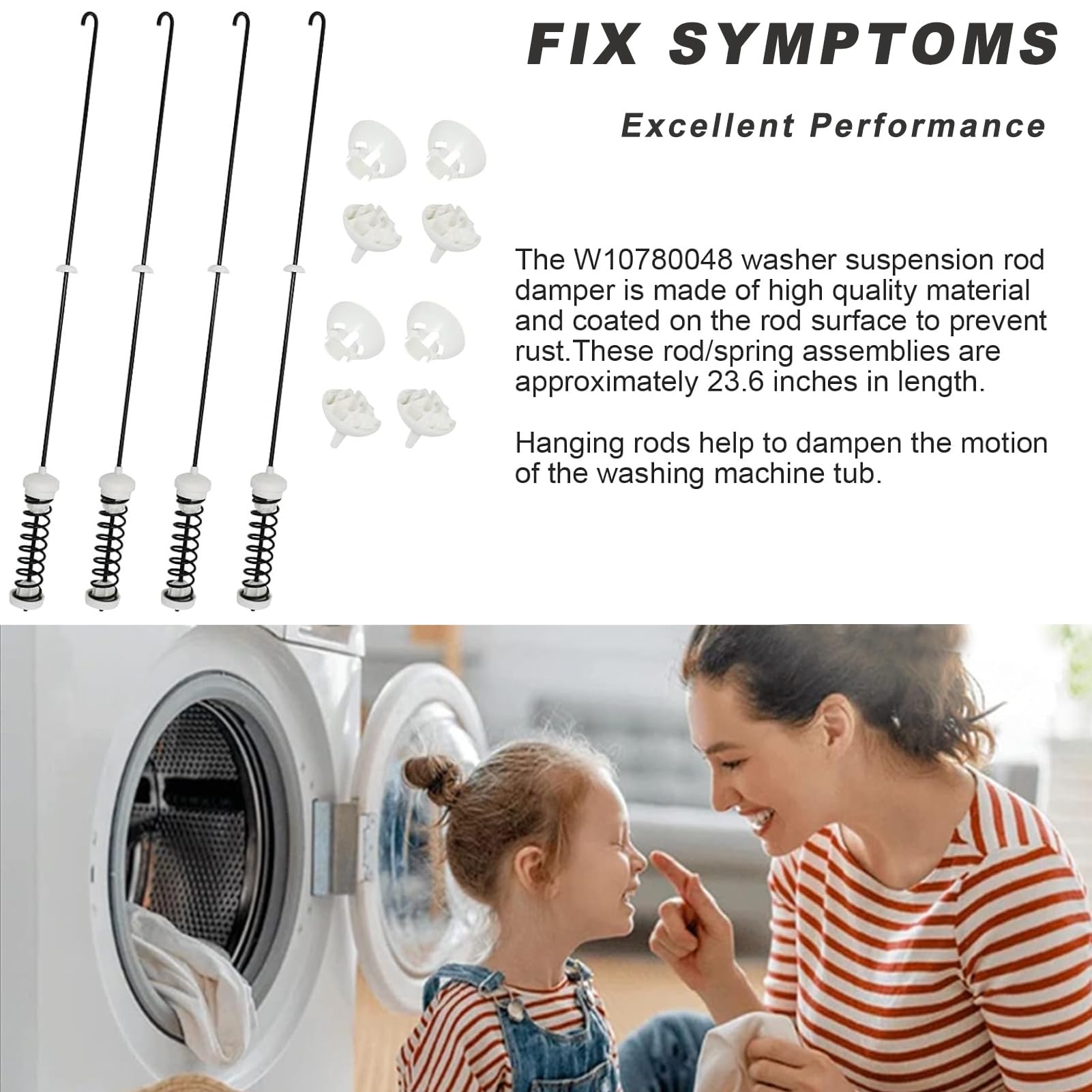 Updated W10780048 Washer Suspension Rod Kit by Snlazp - Replacement for Whirlpool Ken-more Admiral May-tag Washing Machine - Replaces ATW4675YQ1 WTW4800XQ4 WTW4800XQ1 (Pack of 4)