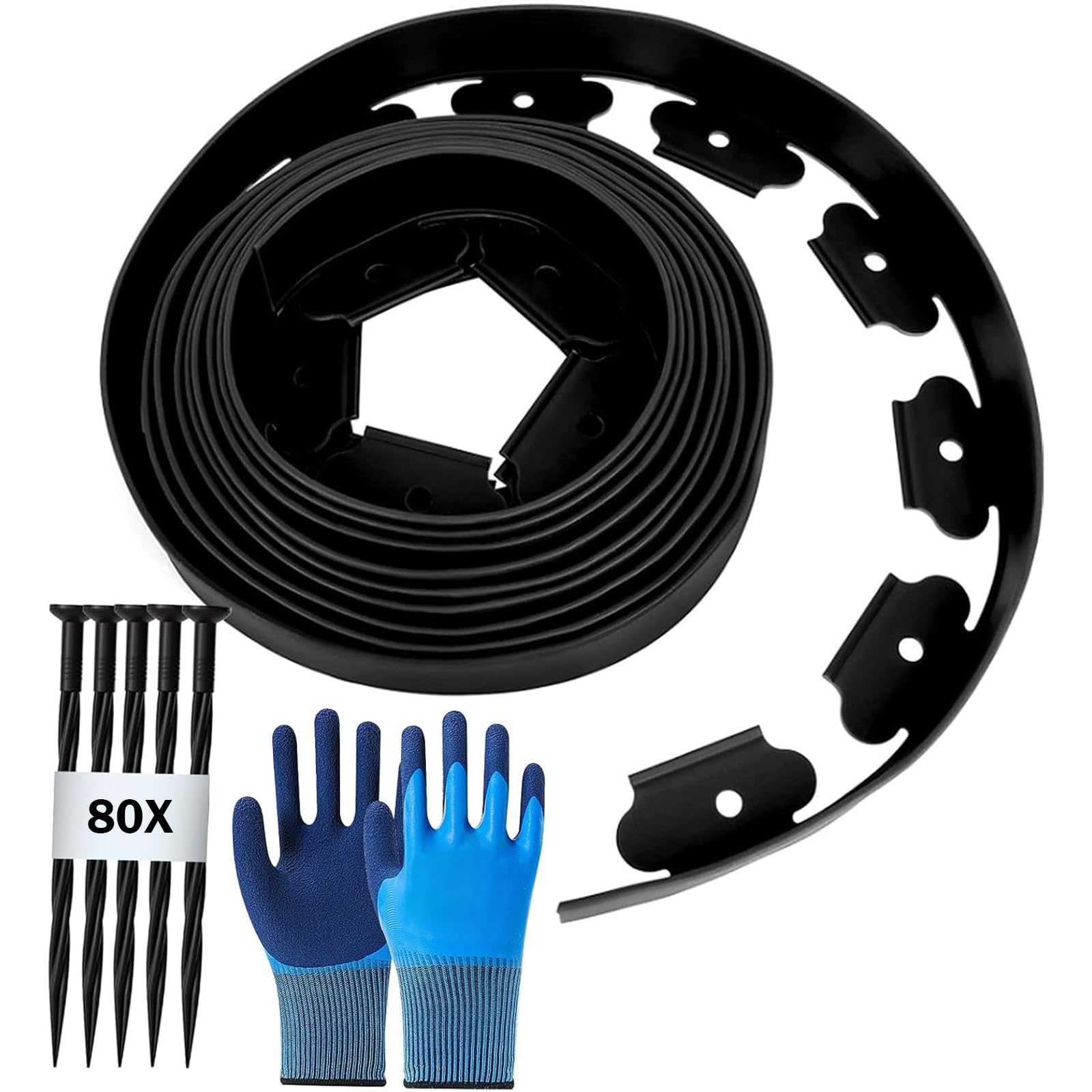 Flexible Rasenkante aus Kunststoff Länge 20m Höhe 5cm, mit 80 Erdanker + 1 Paar Handschuhe, Schwarz