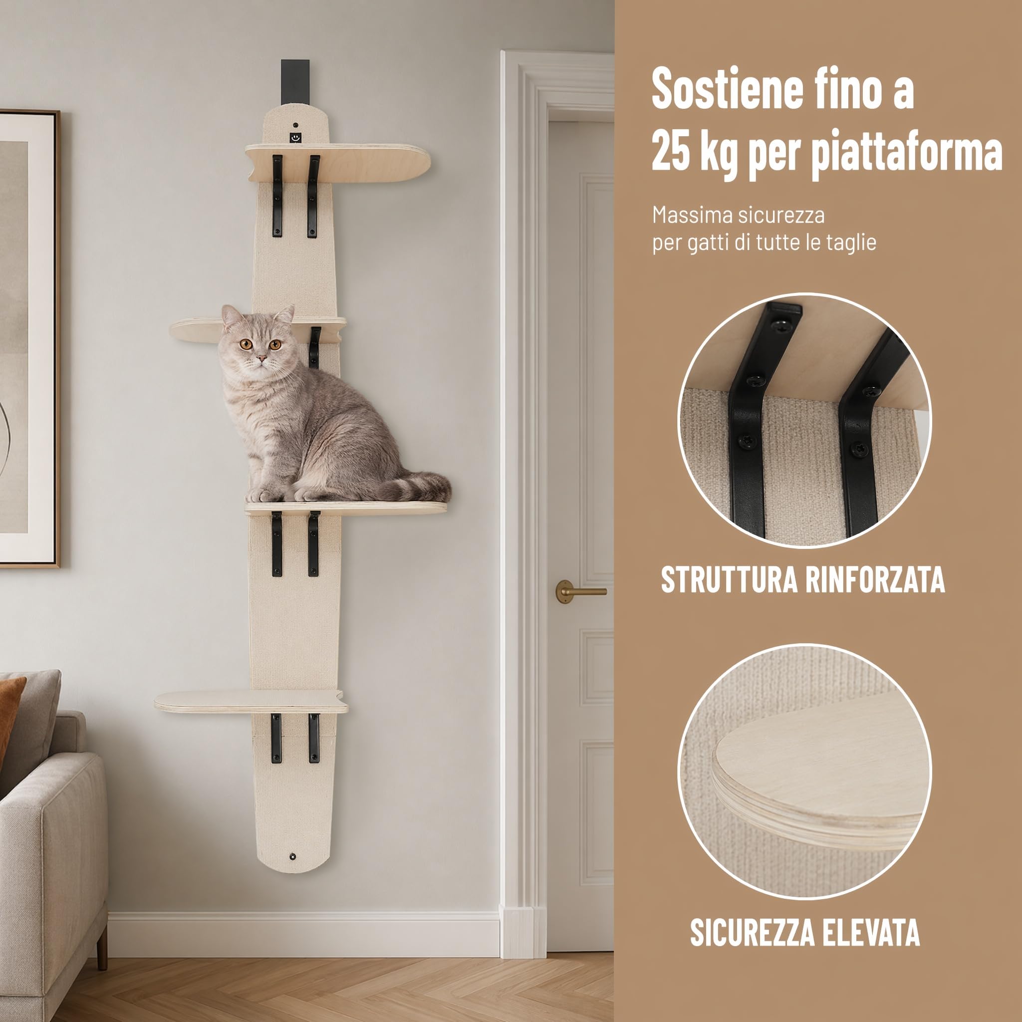 Mensole Da Parete Per Gatti A 4 Livelli, Versatile Tiragraffi A Torre Per Porta, Legno Massello, Montata Fino A 25 Kg, Gradini Per Arrampicare, Graffiare, Giocare