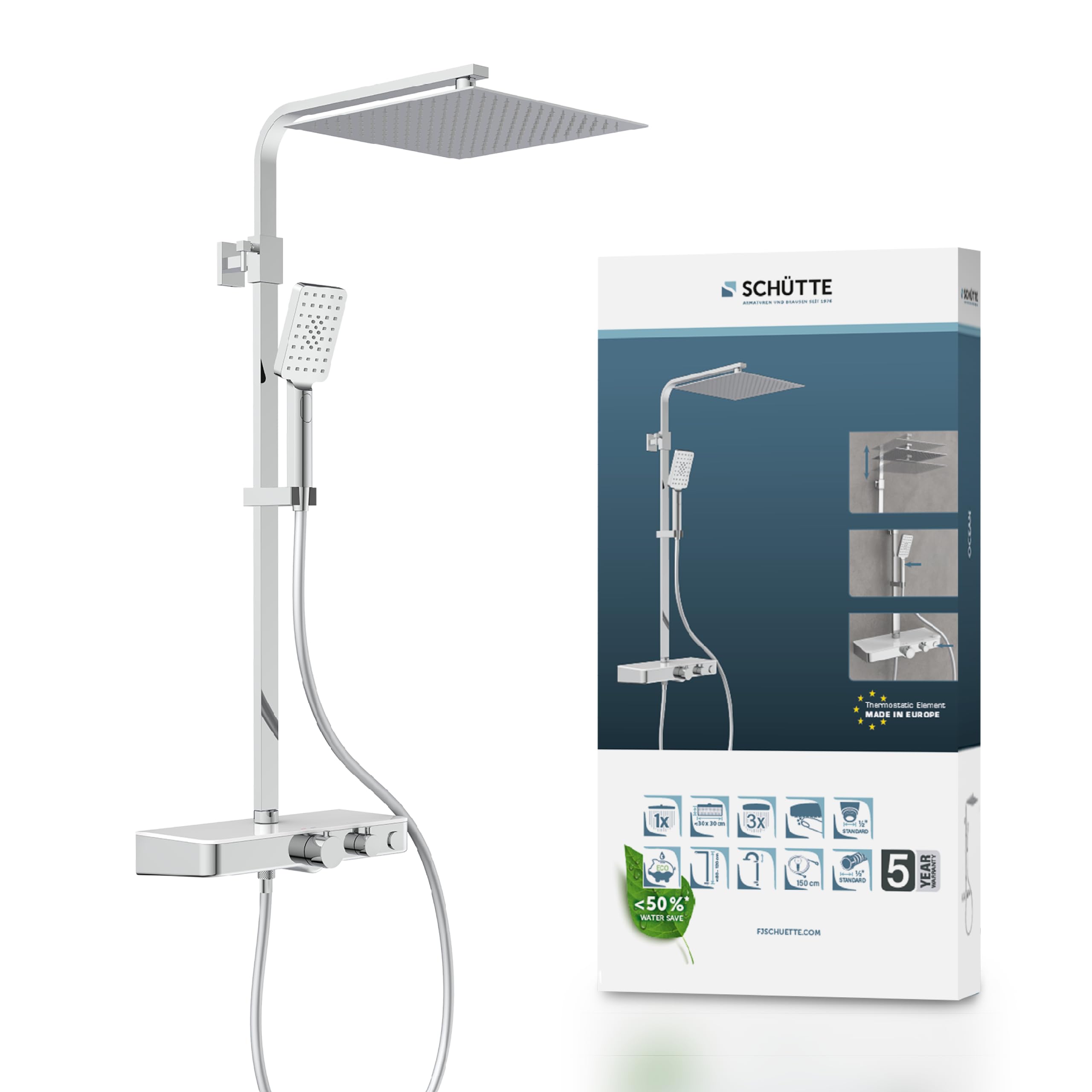 Schütte Sistema termostato y Estante de Cristal – Juego 30 x 30 cm, Lluvia con Soporte de Pared y alcachofa Columna de Ducha en Cromo/Blanco 60530
