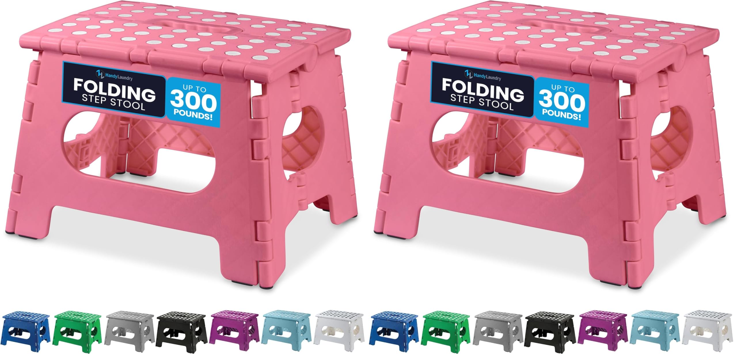 Handy Laundry Folding Lightweight Step Stool - Sturdy Enough to Support Adults and Safe Enough for Kids - Opens Easy with One Flip - Great for Kitchen, Bathroom or Bedroom (Pink - 9 Inch) (Pack of 2)