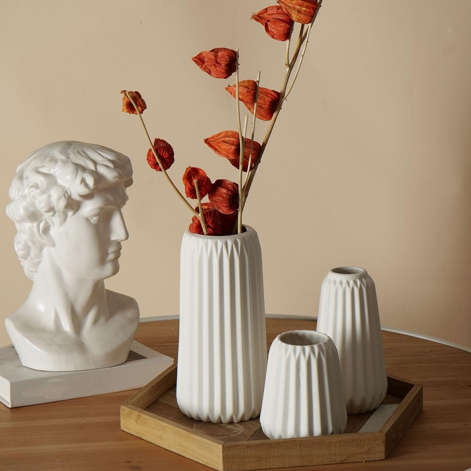 Vasi di fiori in ceramica, vaso in ceramica a costola bianca Set di 3 vasi