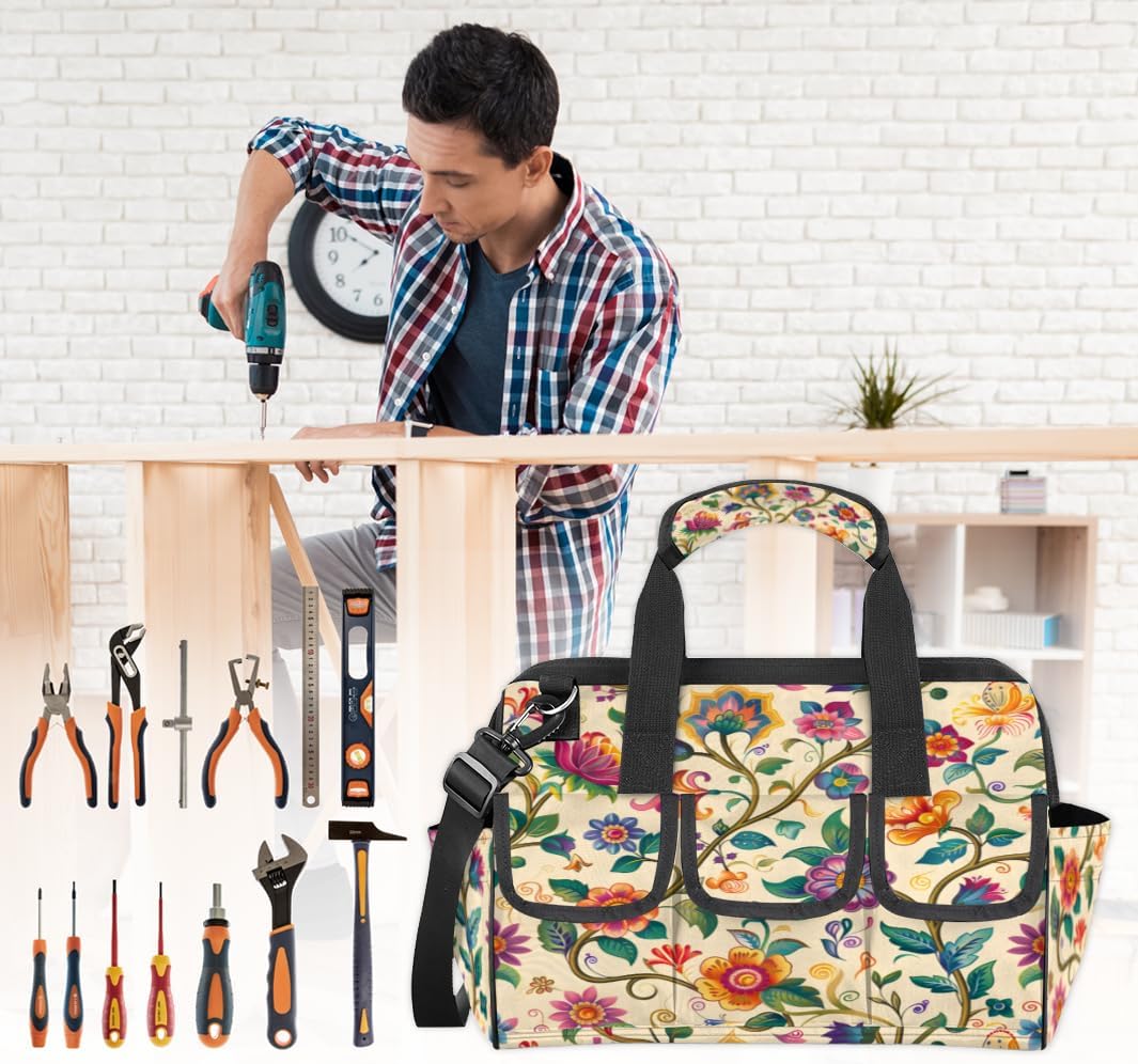 14.8-inch Flower Watercolor Drawing tool bag - waterproof, multifunctional, 16+pocket design, adjustable shoulder strap, suitable for woodworking, construction, gardening, travel, etc