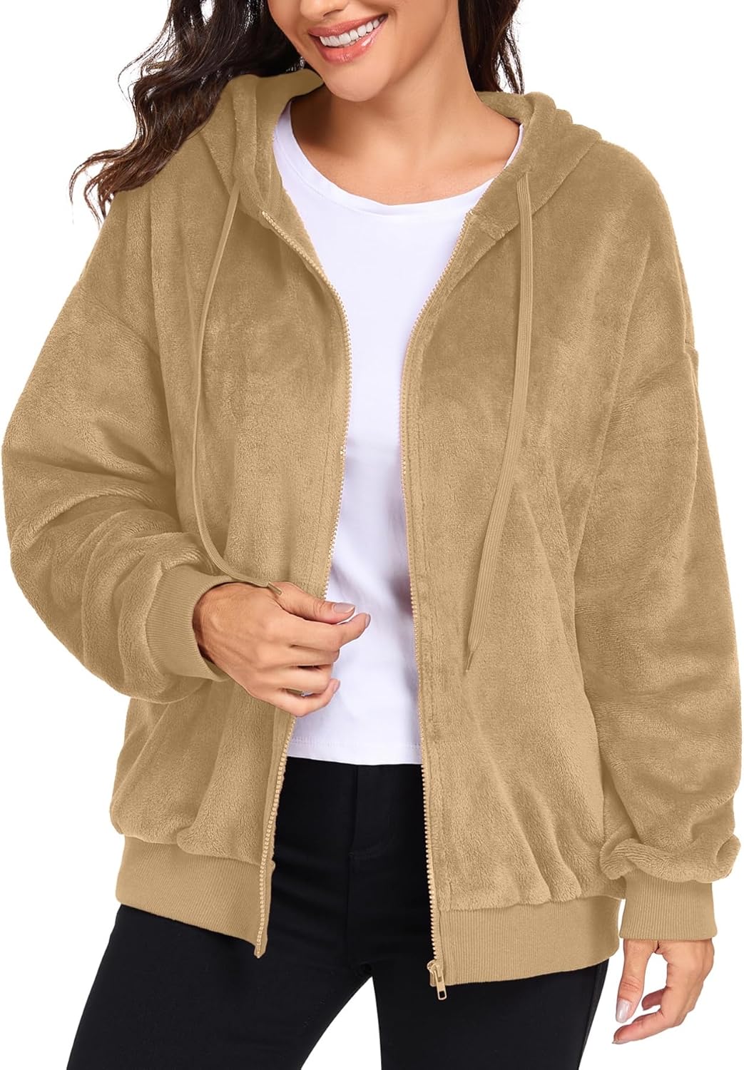 PrinStory Trui met capuchon voor dames, fleece, met ritssluiting, lange mouwen, winterjack met capuchon, zwart, XL PrinStory Trui met capuchon voor dames, fleece, met ritssluiting, lange mouwen, winterjack met capuchon, zwart, XL