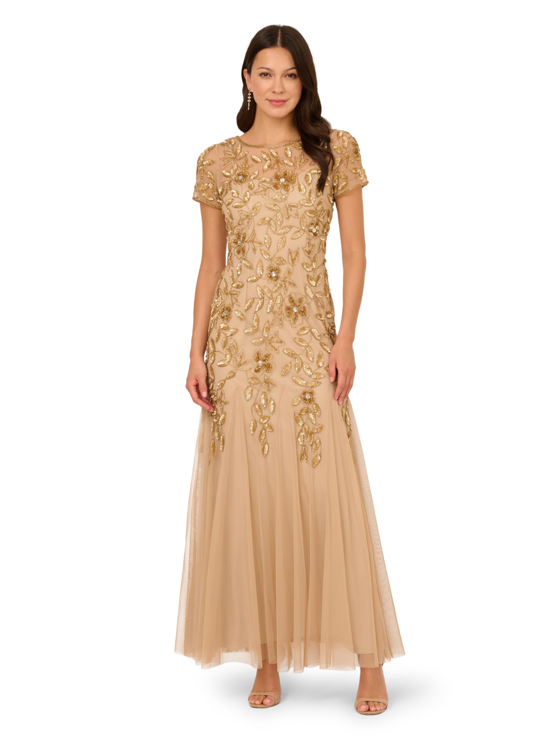 Adrianna Papell Women's Beaded Gown with Godets - Floor Length Gown with Floral Embellishments &amp; Cap Sleeves