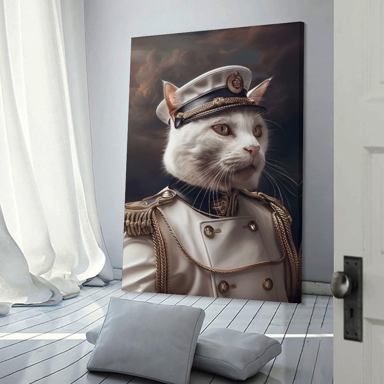 Junmoney Frame-Style-12-2 Wall Art Print Cat In Naval Officer Uniform, 24X36inch(60X90cm), For Home Lounge, Bedroom Or Reading Nook, Modern Wall Decor For Cosy Interiors