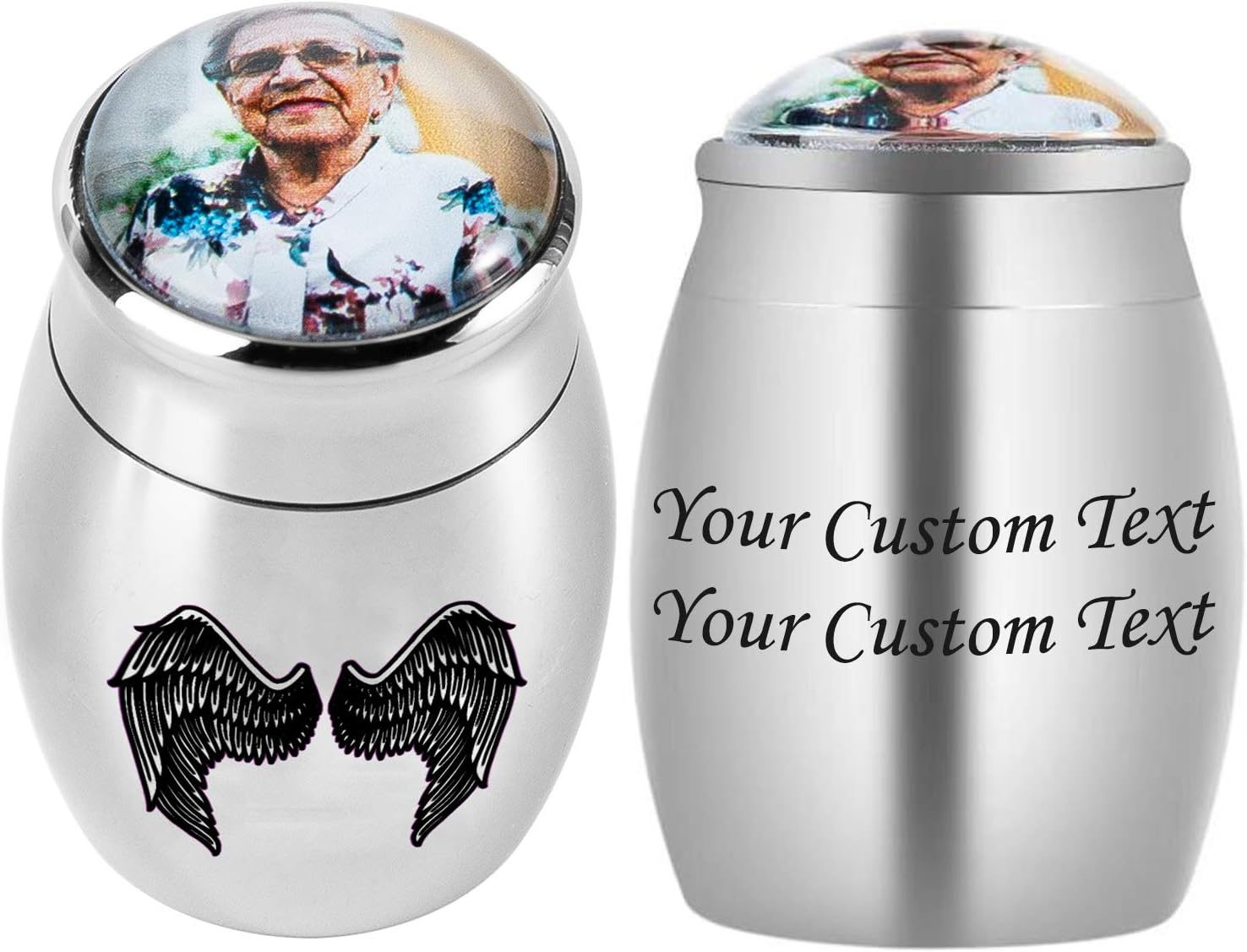 Personalized Mini Keepsake Urns - Custom Photo Text/Date Urn for Human Ashes Waterproof Decorative Cremation Funeral Urns Extra Small Ashes Holder Custom Photo&Text - Silver - Angel Wings