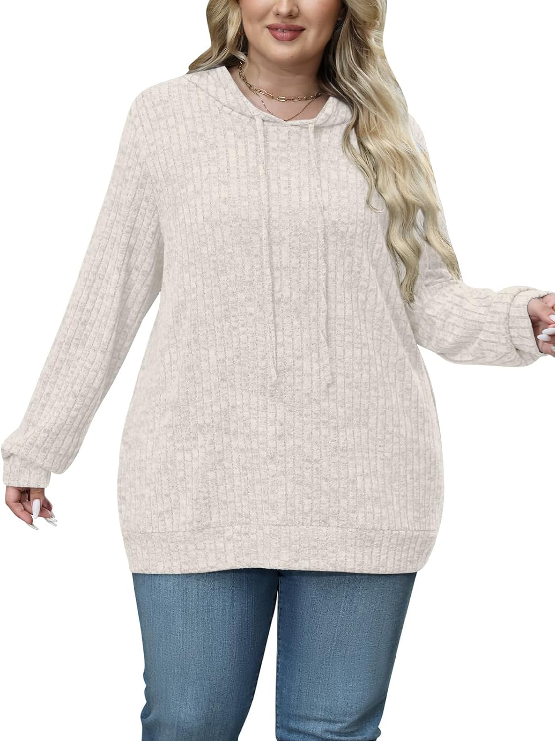 Womens Plus Size Lightweight Ribbed Knit Hoodie Sweaters Casual Long Sleeve Pullover Tops for Fall Winter L-4XL - Image 4