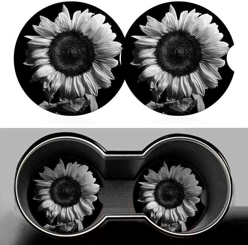 Porta-Copos Automotivo Absorvente Jnomin com Estampa Girassol em Preto e Branco, Base de Cortiça e Rebaixo para os Dedos, Kit com 2