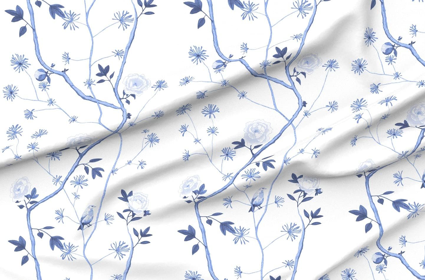 Spoonflower Fabric - Peony Delft Blue Chinoiserie Butterflies Peonies Flowers Printed on Petal Signature Cotton Fabric Fat Quarter - Sewing Quilting Apparel Crafts Decor