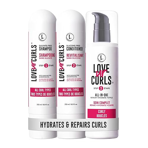 Love Ur Curls - Set de Champú y Acondicionador con Crema Estilizadora Todo en Uno para Rizos, Sistema de 3 Pasos para Reparar e Hidratar