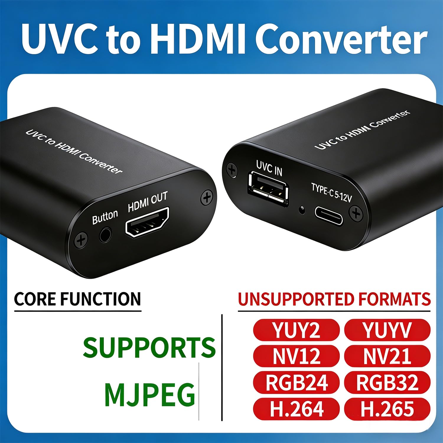 Convertitore da UVC a HDMI 1080P 60Hz, supporta la ricarica della fotocamera, commutatore video webcam USB a uscita video HDMI, per streaming live su TV, monitor e scheda di acquisizione HDMI