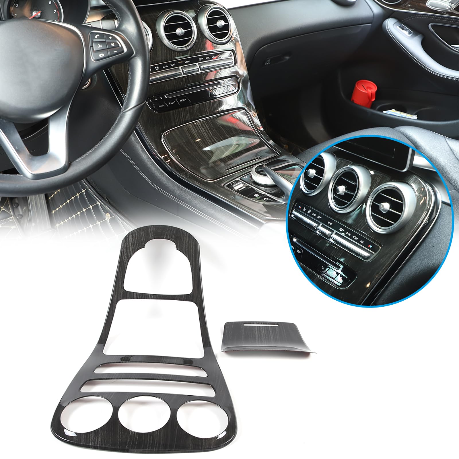 Auto Mittelkonsolenblende Passend für Mercedes Benz C Klasse W205 2015-2018, Auto Mittelkonsole Schaltblende Verkleidung Gilt für Mercedes-Benz GLC Zubehör (Schwarze Holzmaserung Version ohne Uhr)