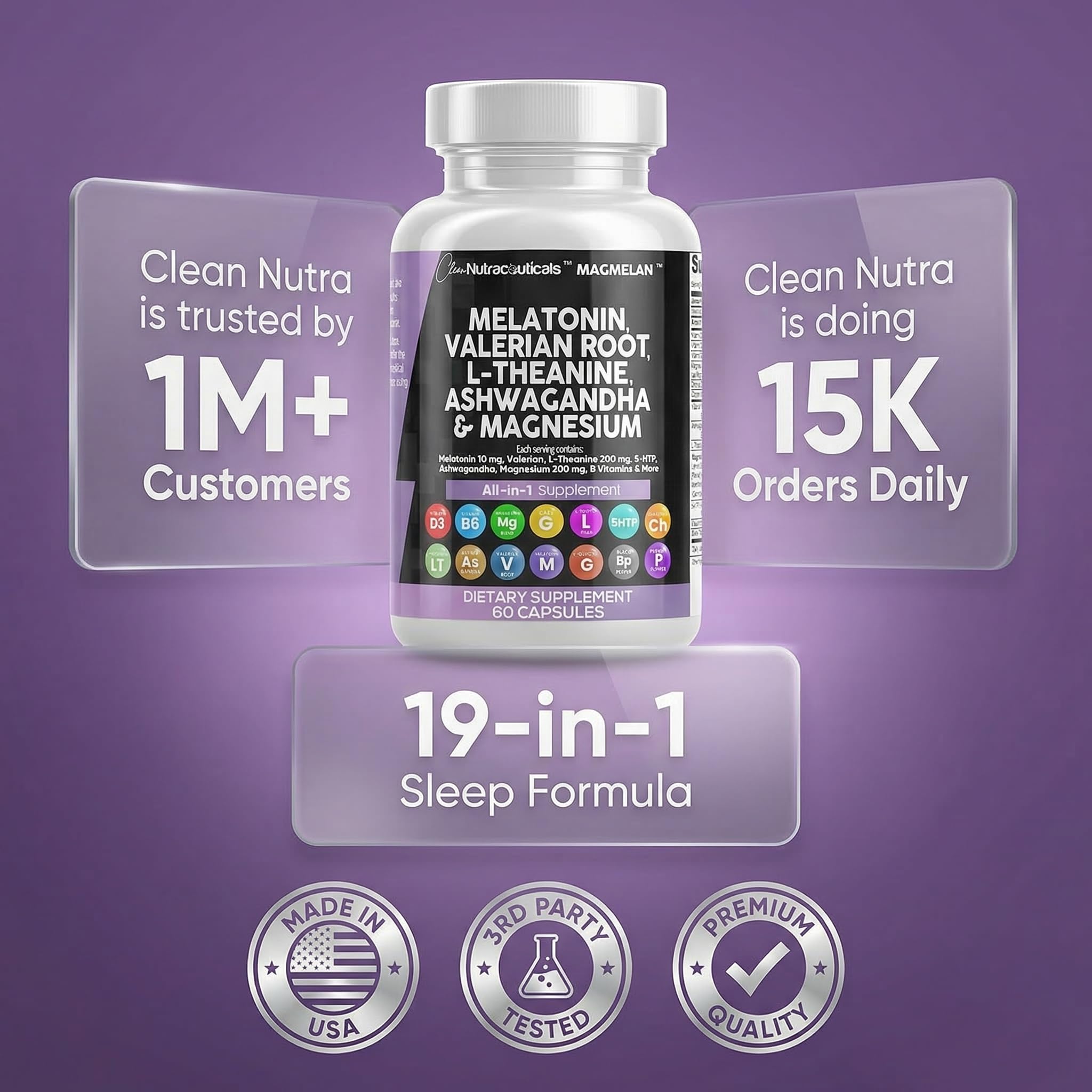 Clean Nutraceuticals Melatonin 10mg Valerian Root L Theanine 200mg Ashwagandha - Sleep Support for Women & Men with Magnesium Complex, Lemon Balm, Chamomile, & Passion Flower - 60 Caps — Amazon image 8