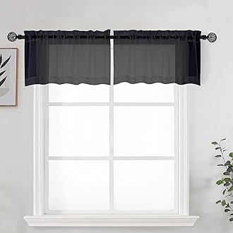 OWENIE Black Sheer Kitchen Valance for Windows Set of 2, Small Modern Rod Pocket Voile Valance Curtain Window Treatment Decor for Living Room Bathroom Cafe Laundry Basement, 42" W x 14" L