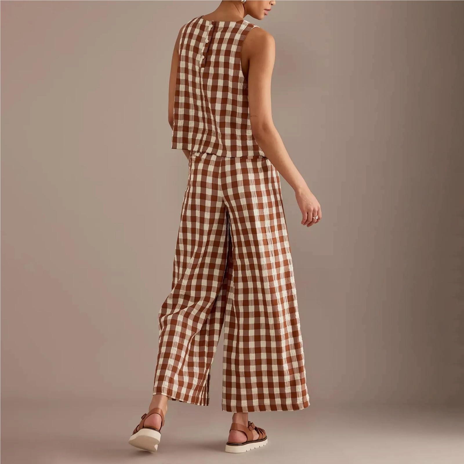 2 Teiler Damen Sommer 2-teilige Lounge-Hosen-Sets for Damen, kariertes Print-Outfit, ärmelloses Tanktop, Baggy-Hosenanzüge mit weitem Bein