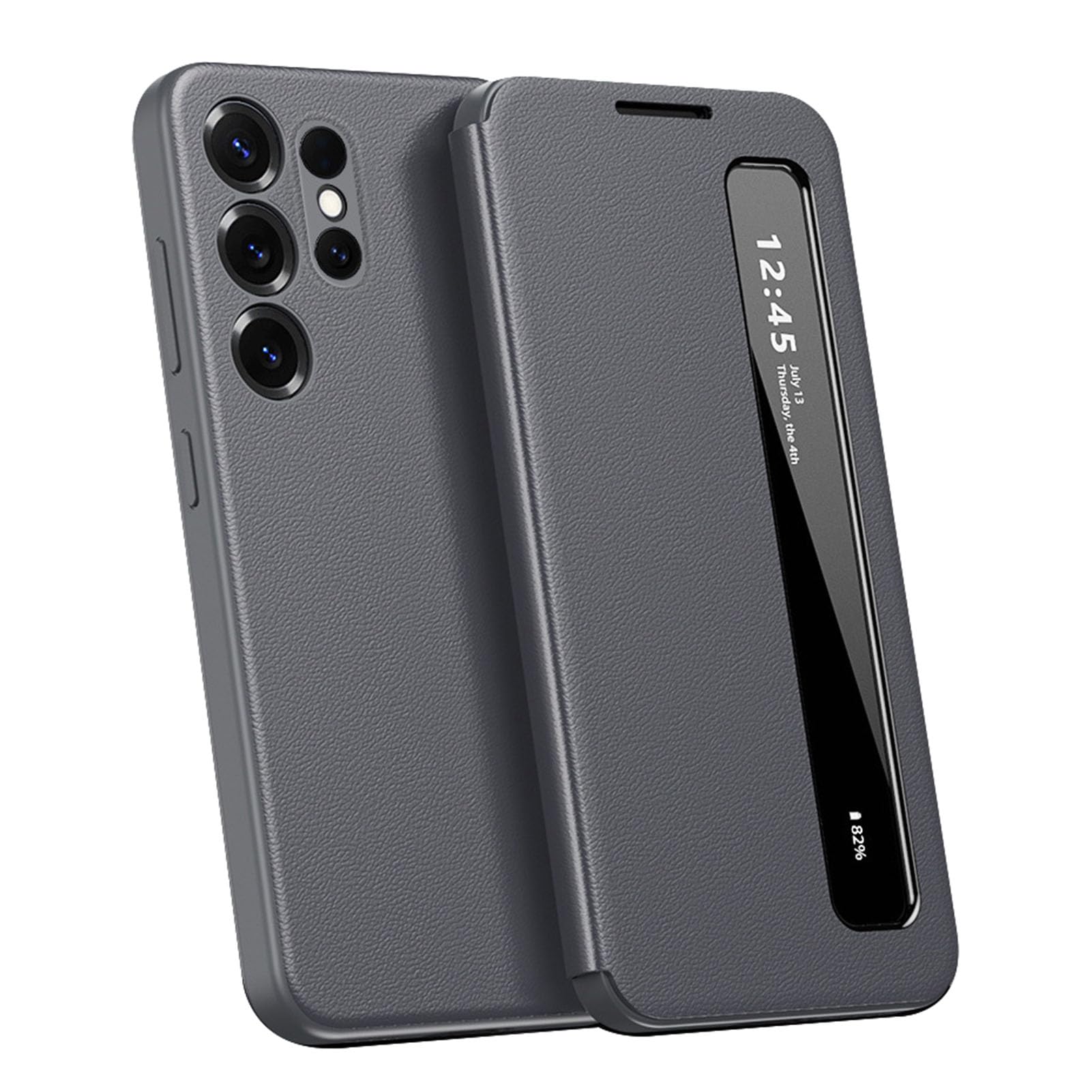 Skórzane etui do Samsung Galaxy S25 Ultra/S25 Plus/S25, etui z klapką Smart Wake Flip View, osłona obiektywu bocznego, szare, S25 Ultra