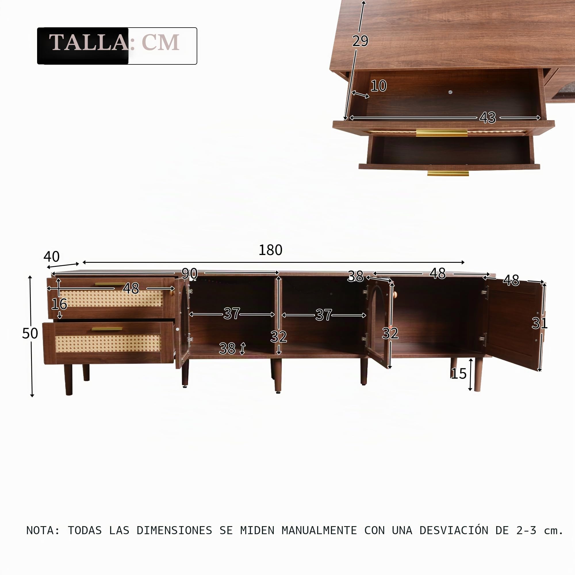 TIZZ Mueble de TV de 180 cm marrón para televisor de 80 pulgadas con 2 cajones de ratán, 2 puertas de cristal arqueadas, 1 puerta de ratán, iluminación LED, salón, almacenamiento elegante