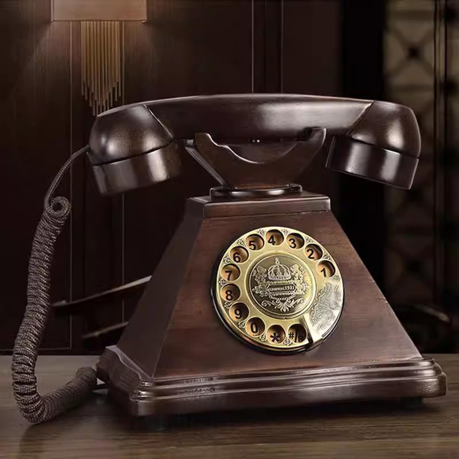 Telefono Fisso retrò con Filo, Telefono Antico con quadrante rotativo, Telefono da Tavolo Vintage in Legno massello, Vecchio Telefono di casa con Ripetizione della Chiamata